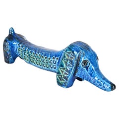 Antique Signed Montelupo for Bitossi Sausage Dog in Blue "Rimini" Ceramic, Italy 1960s  