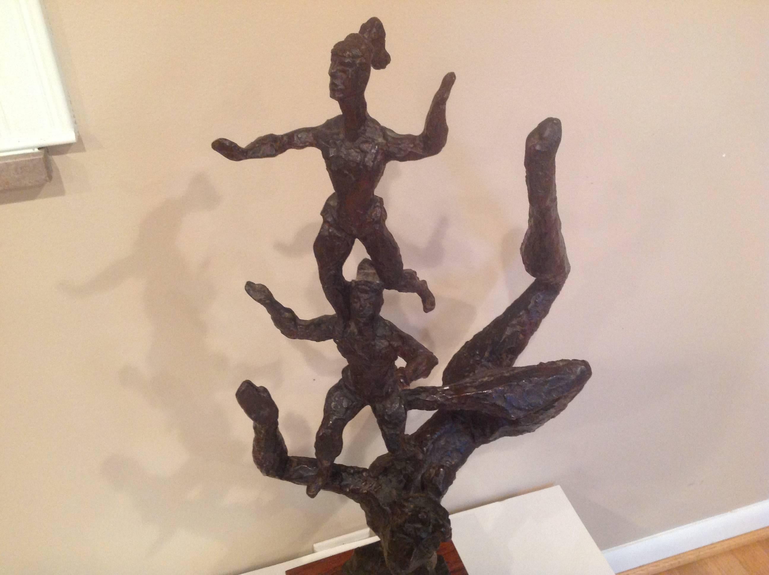 Mid-Century Modern Signed Monumental Chaim Gross Acrobat Sculpture with Original Rotating Stand