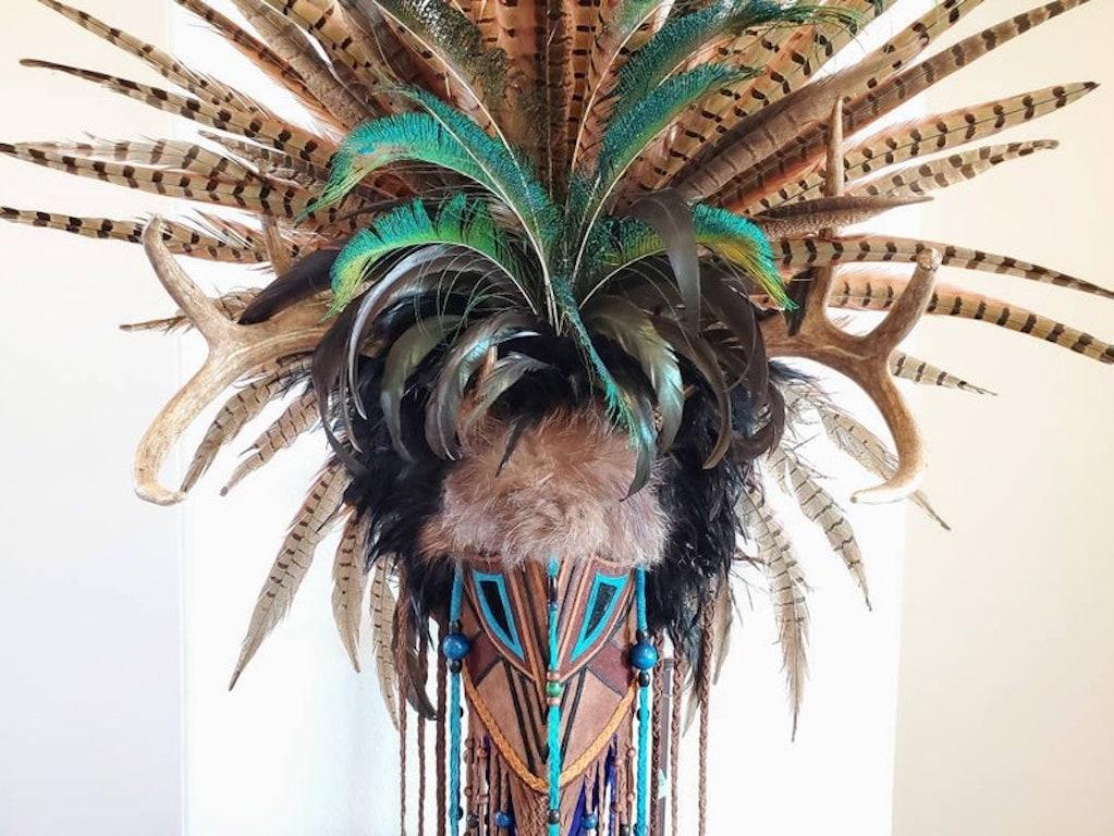 A magnificent American folk art headdress mask by P.J. Stover, signed, titled 