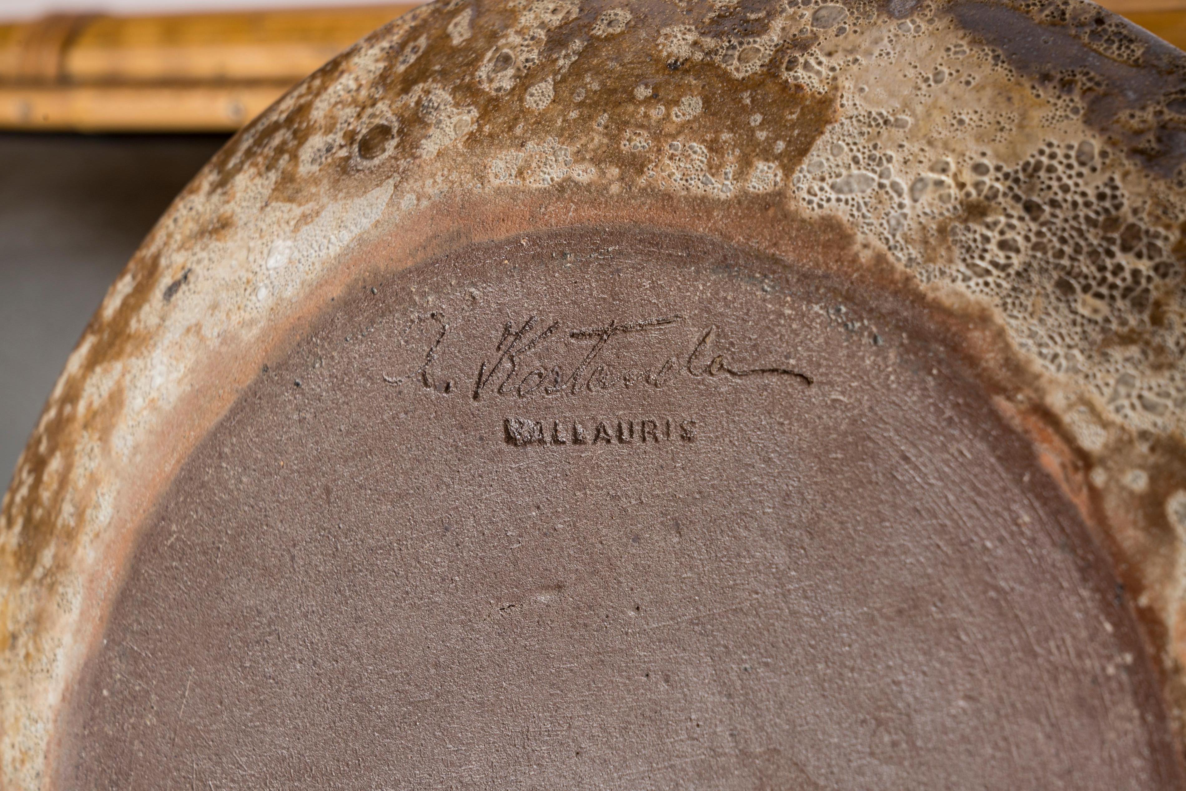 Signed Moon Theme Textured Vallauris Dish by Kostanda - France 1970's For Sale 1