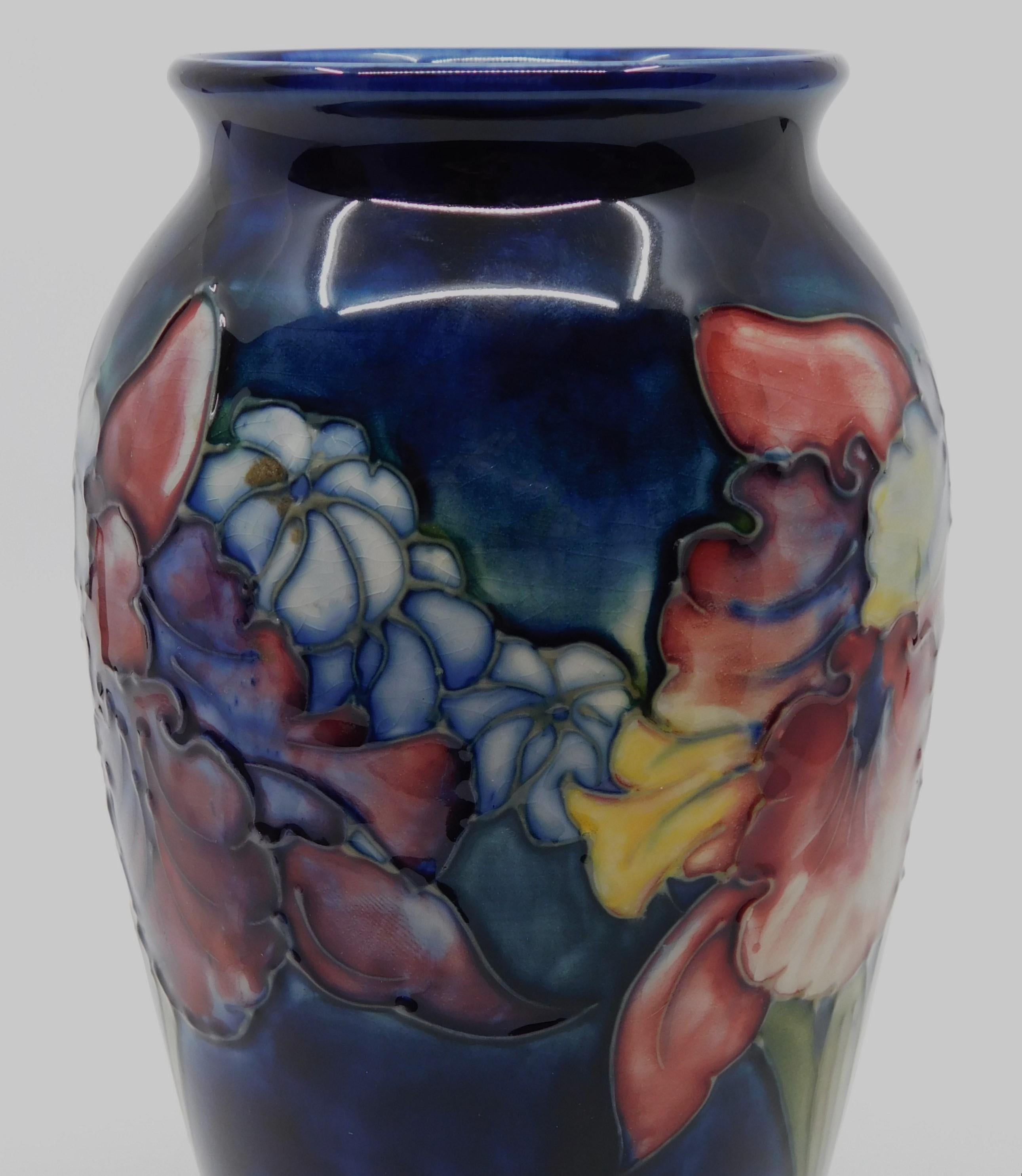 20th Century Signed Moorcroft Hibiscus Cobalt Art Pottery Vase Circa 1950 England