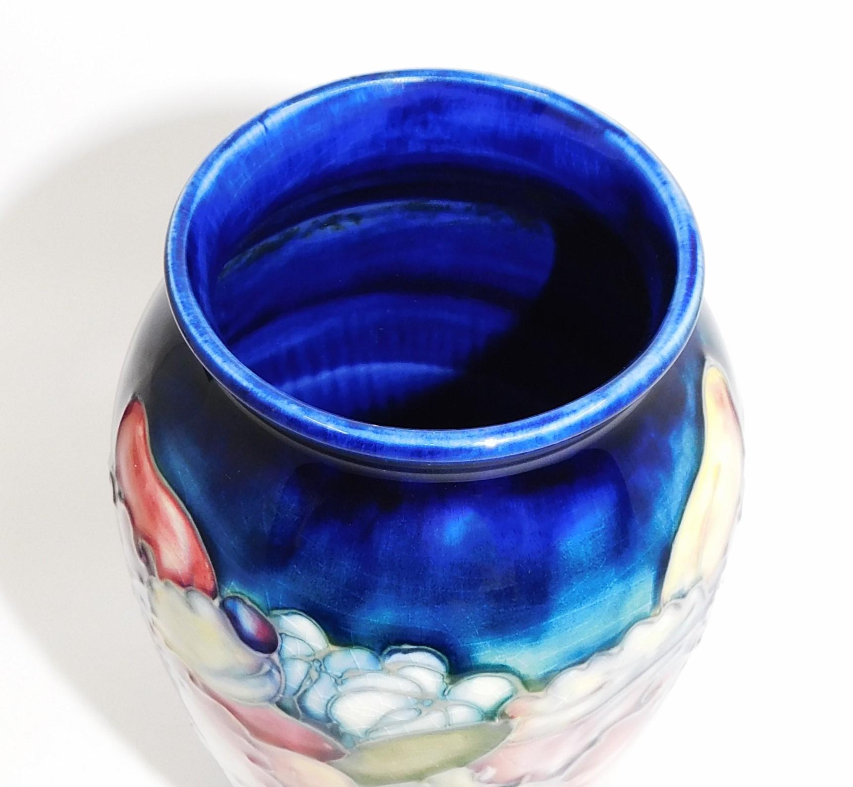 Signed Moorcroft Hibiscus Cobalt Art Pottery Vase Circa 1950 England 2