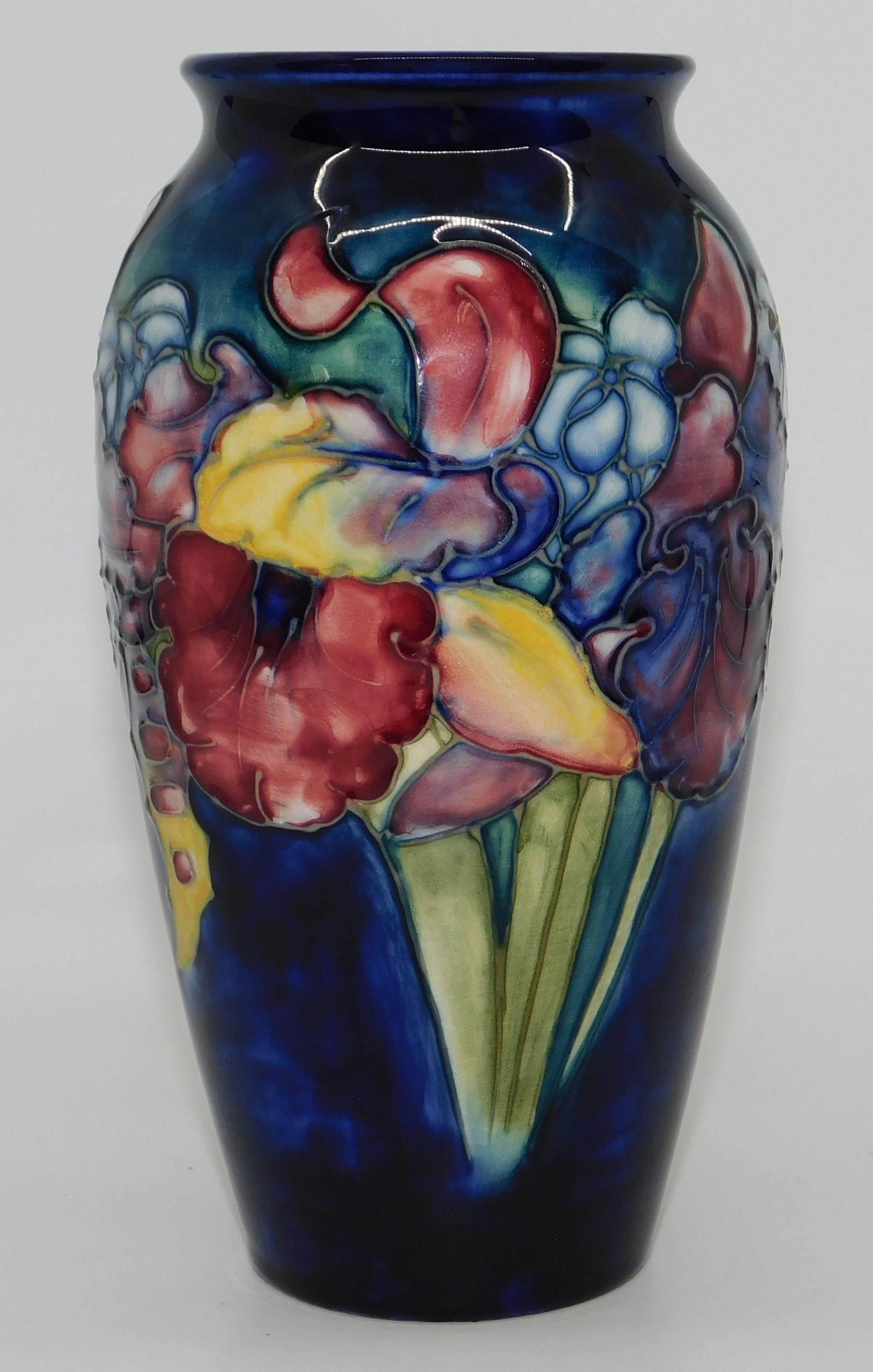 Signed Moorcroft Hibiscus Cobalt Art Pottery Vase Circa 1950 England 8