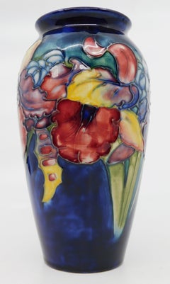 Signed Moorcroft Hibiscus Cobalt Art Pottery Vase Circa 1950 England