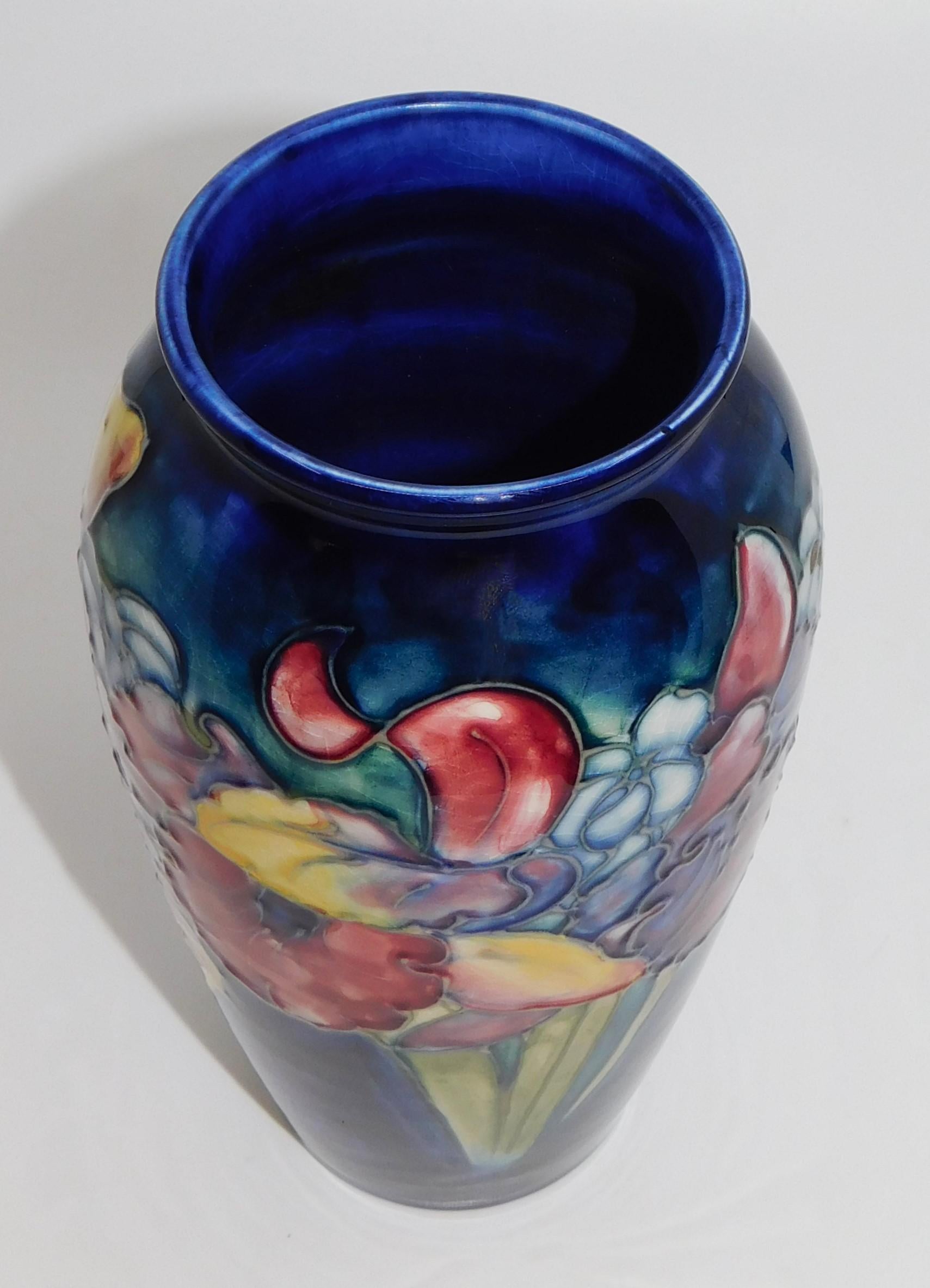Art Deco Signed Moorcroft Hibiscus Cobalt Art Pottery Vase Circa 1950 England