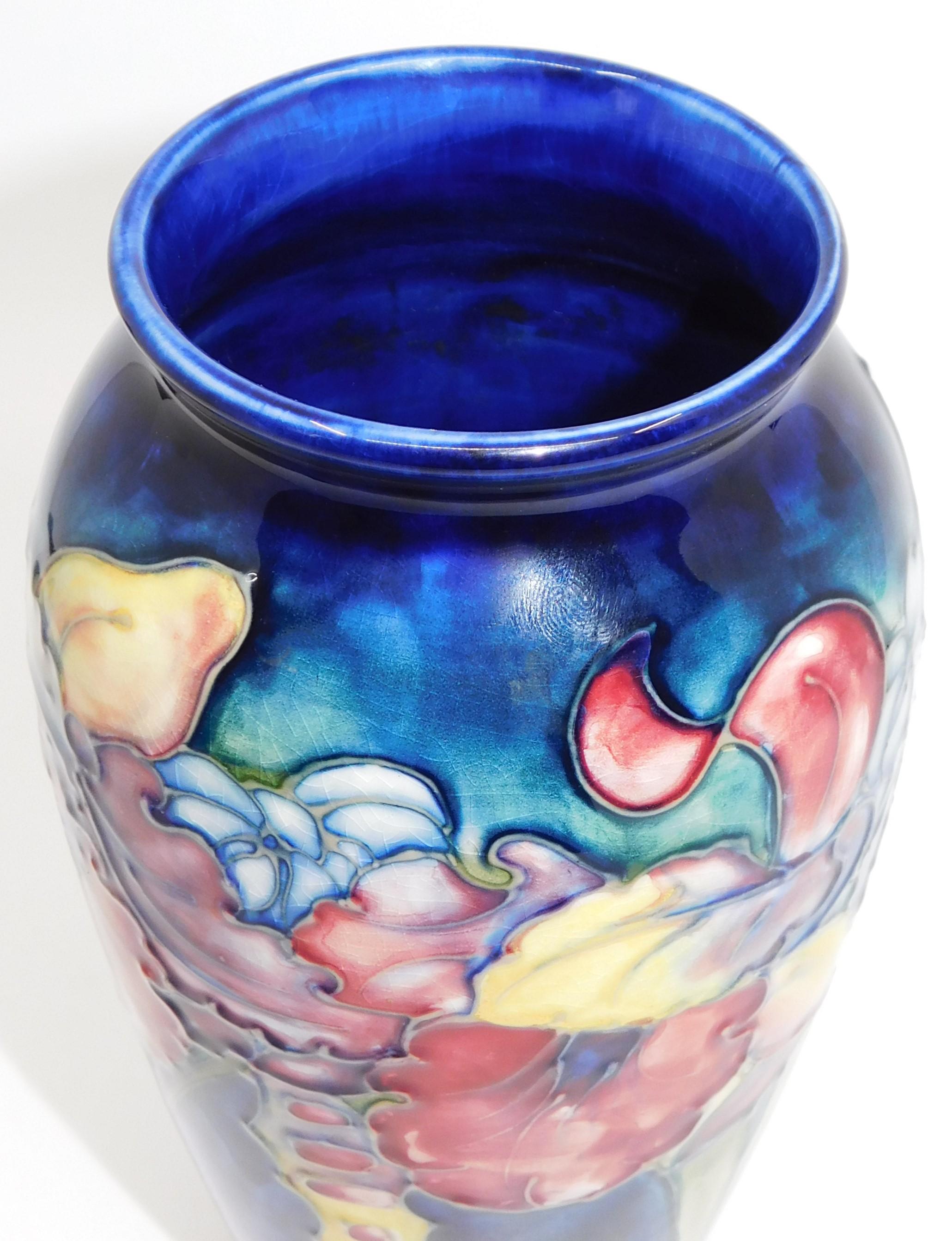 English Signed Moorcroft Hibiscus Cobalt Art Pottery Vase Circa 1950 England