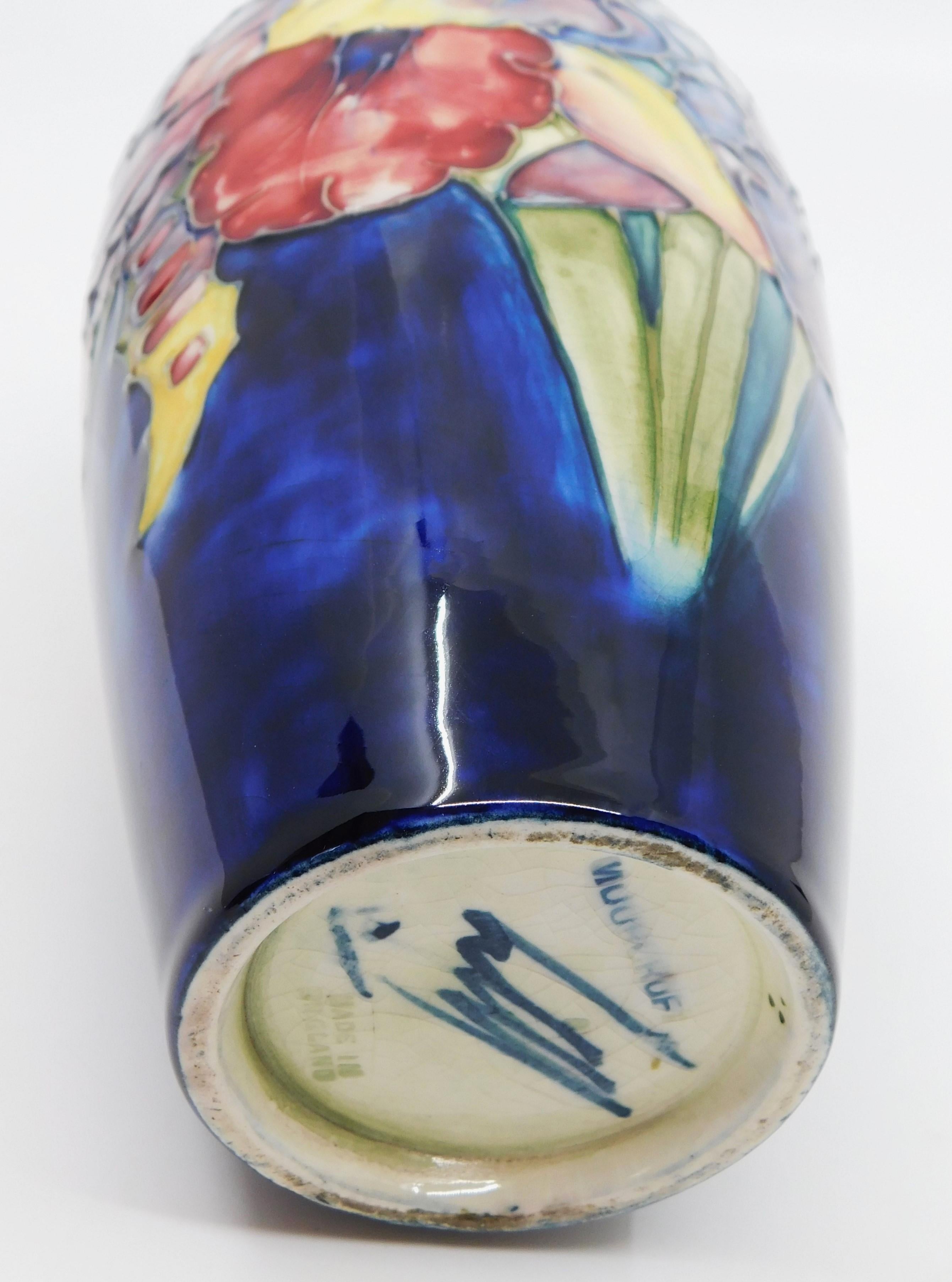 Hand-Crafted Signed Moorcroft Hibiscus Cobalt Art Pottery Vase Circa 1950 England