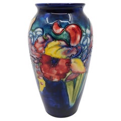 Vintage Signed Moorcroft Hibiscus Cobalt Art Pottery Vase Circa 1950 England