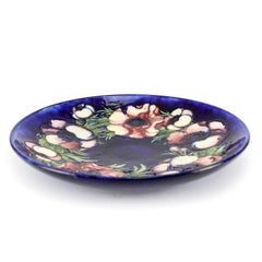Signed Moorcroft Shallow Bowl Blue, Purples Hand Painted Floral, Raised Details