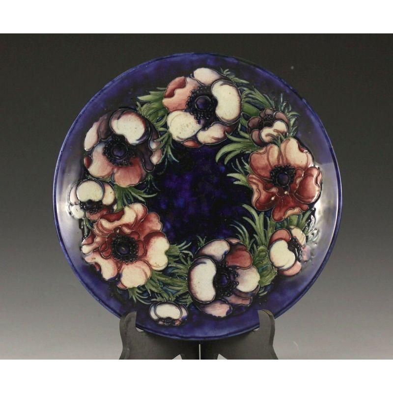 Hand-Painted Signed Moorcroft Shallow Bowl Blue, Purples Hand Painted Floral, Raised Details For Sale