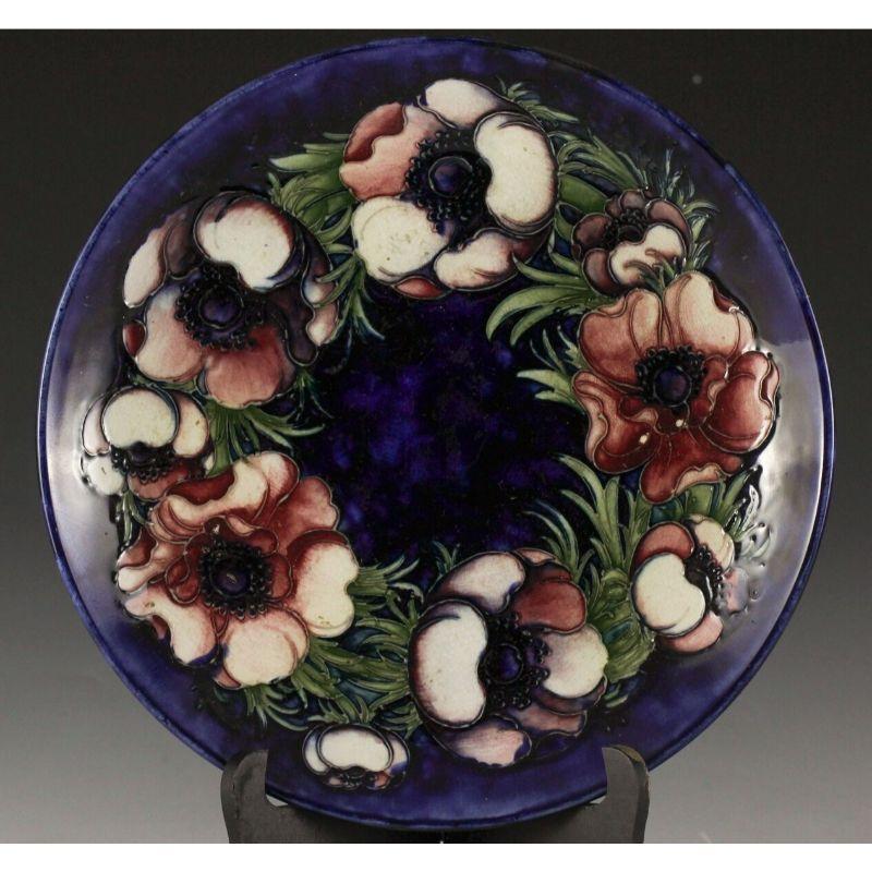 Porcelain Signed Moorcroft Shallow Bowl Blue, Purples Hand Painted Floral, Raised Details For Sale
