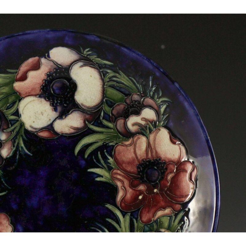 Signed Moorcroft Shallow Bowl Blue, Purples Hand Painted Floral, Raised Details For Sale 1