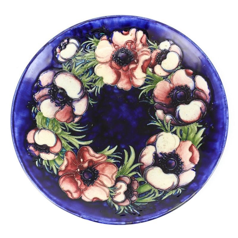 Signed Moorcroft Shallow Bowl Blue, Purples Hand Painted Floral, Raised Details For Sale