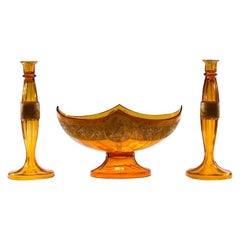 Signed Moser Amber 3 Piece Centerpiece Set