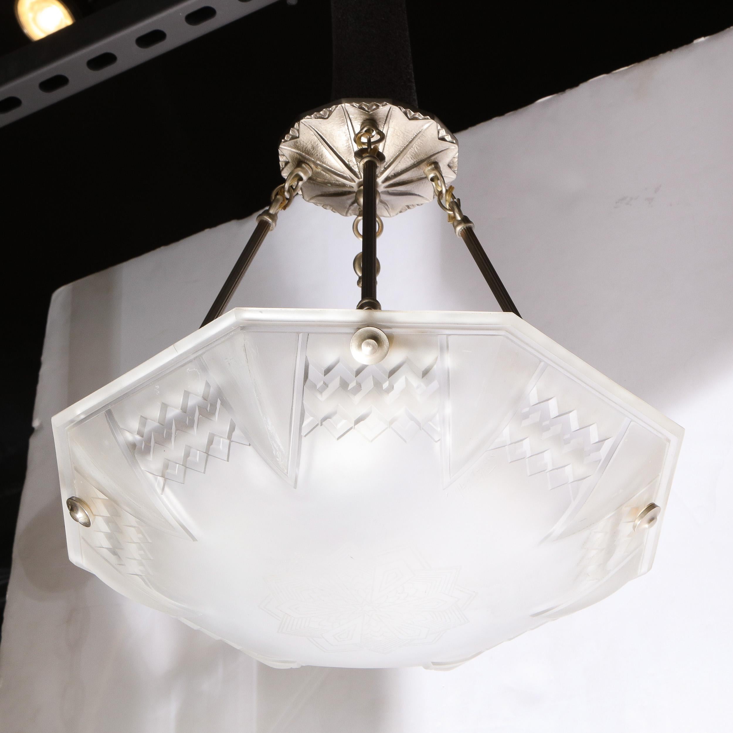 Signed Muller Frères Art Deco Frosted Glass Chandelier with Skyscraper Detailing 3