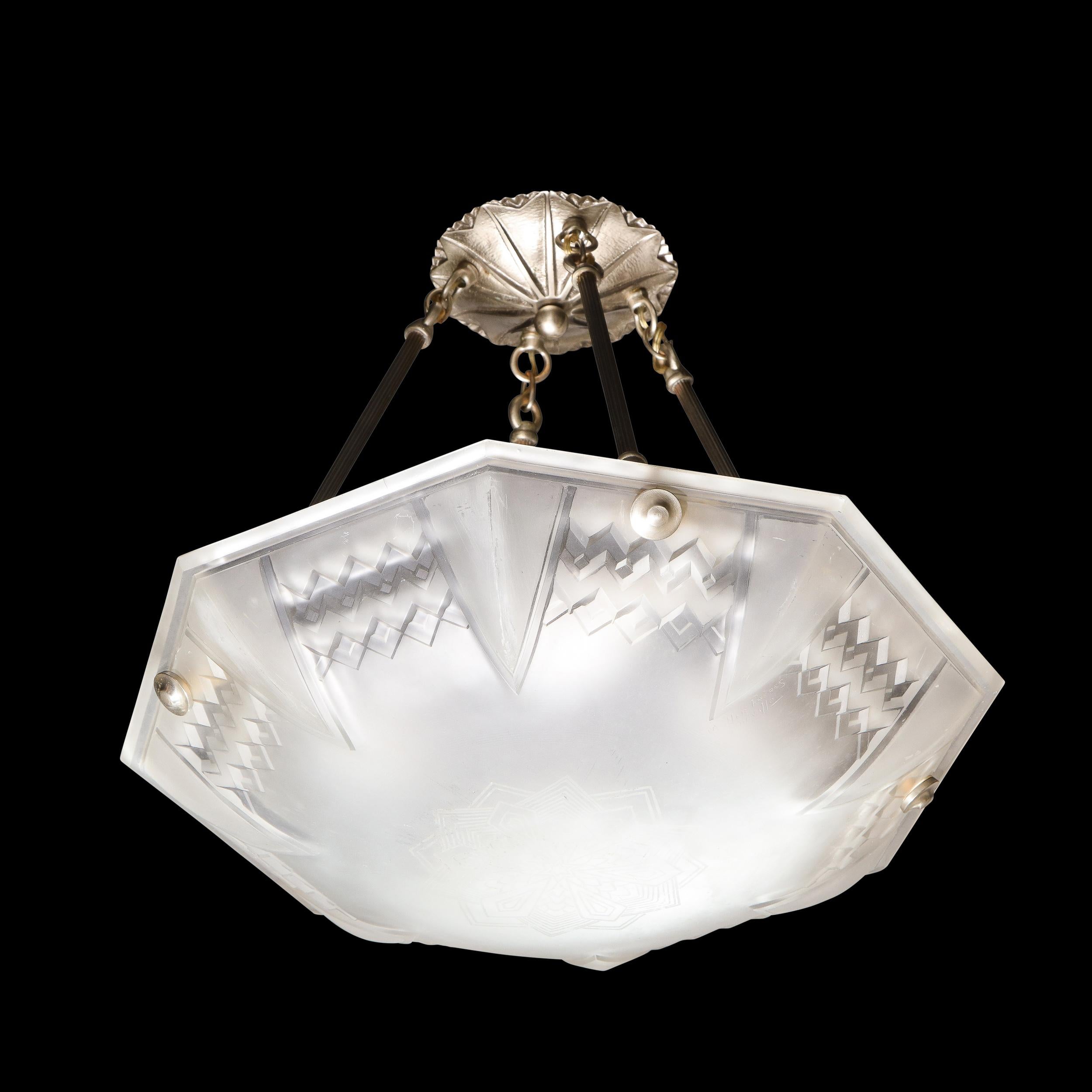 French Signed Muller Frères Art Deco Frosted Glass Chandelier with Skyscraper Detailing