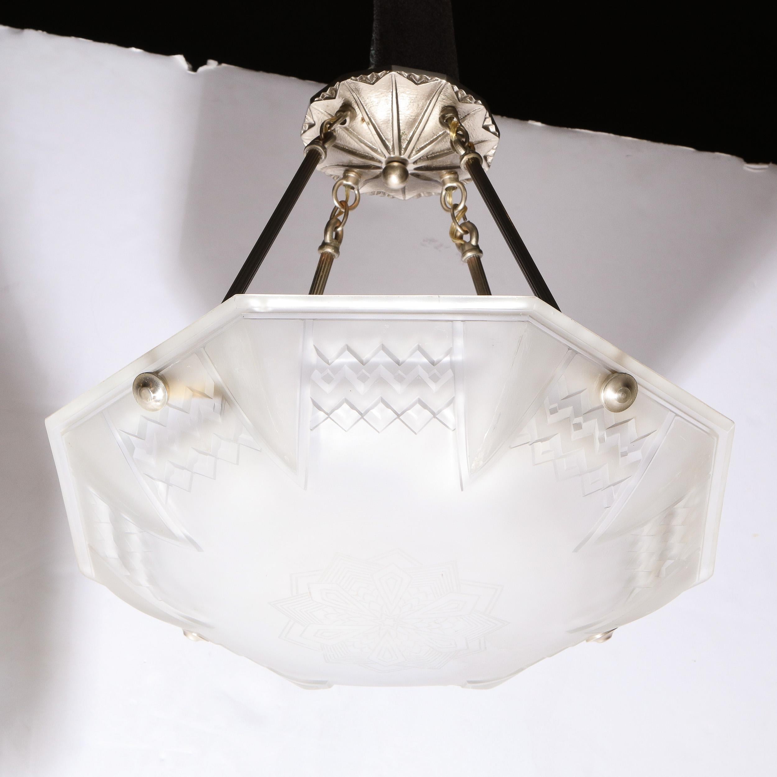 Signed Muller Frères Art Deco Frosted Glass Chandelier with Skyscraper Detailing 2