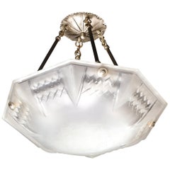 Signed Muller Frères Art Deco Frosted Glass Chandelier with Skyscraper Detailing