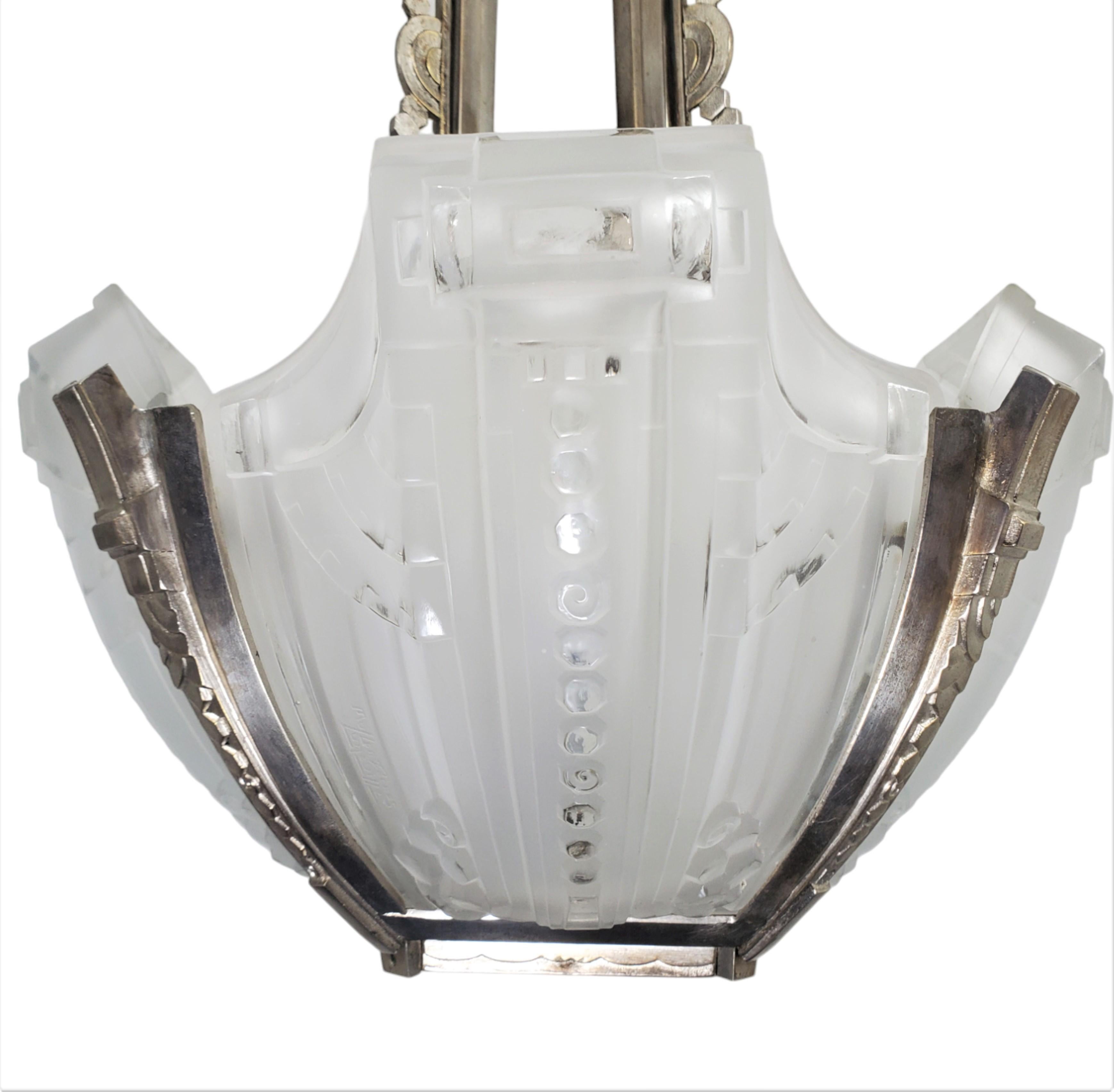 20th Century Signed Muller Freres four panel nickel + frosted art glass geometric chandelier For Sale