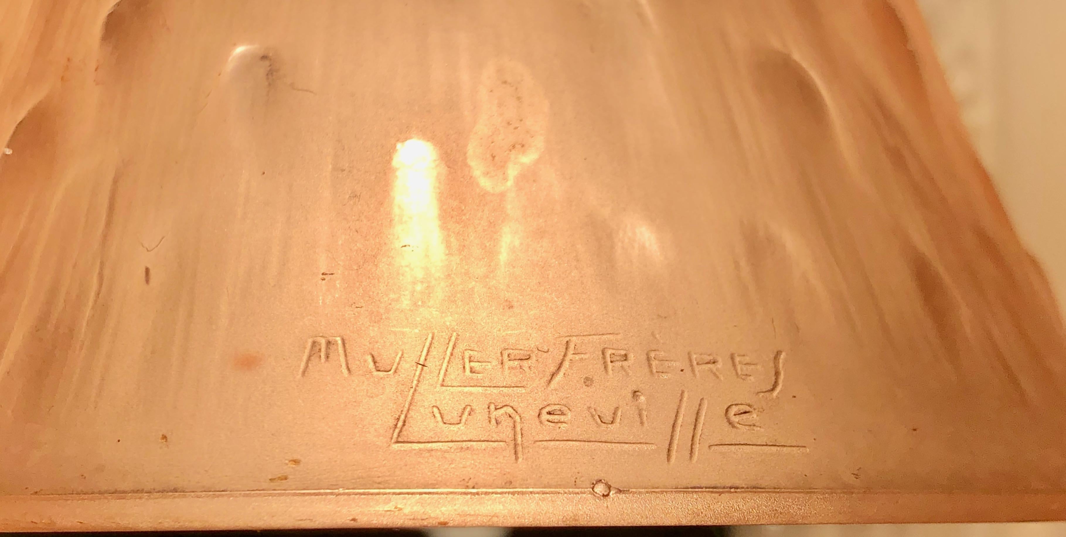 Signed Müller Frères Luneville 1930s Art Deco Glass Iron Chandlier 4