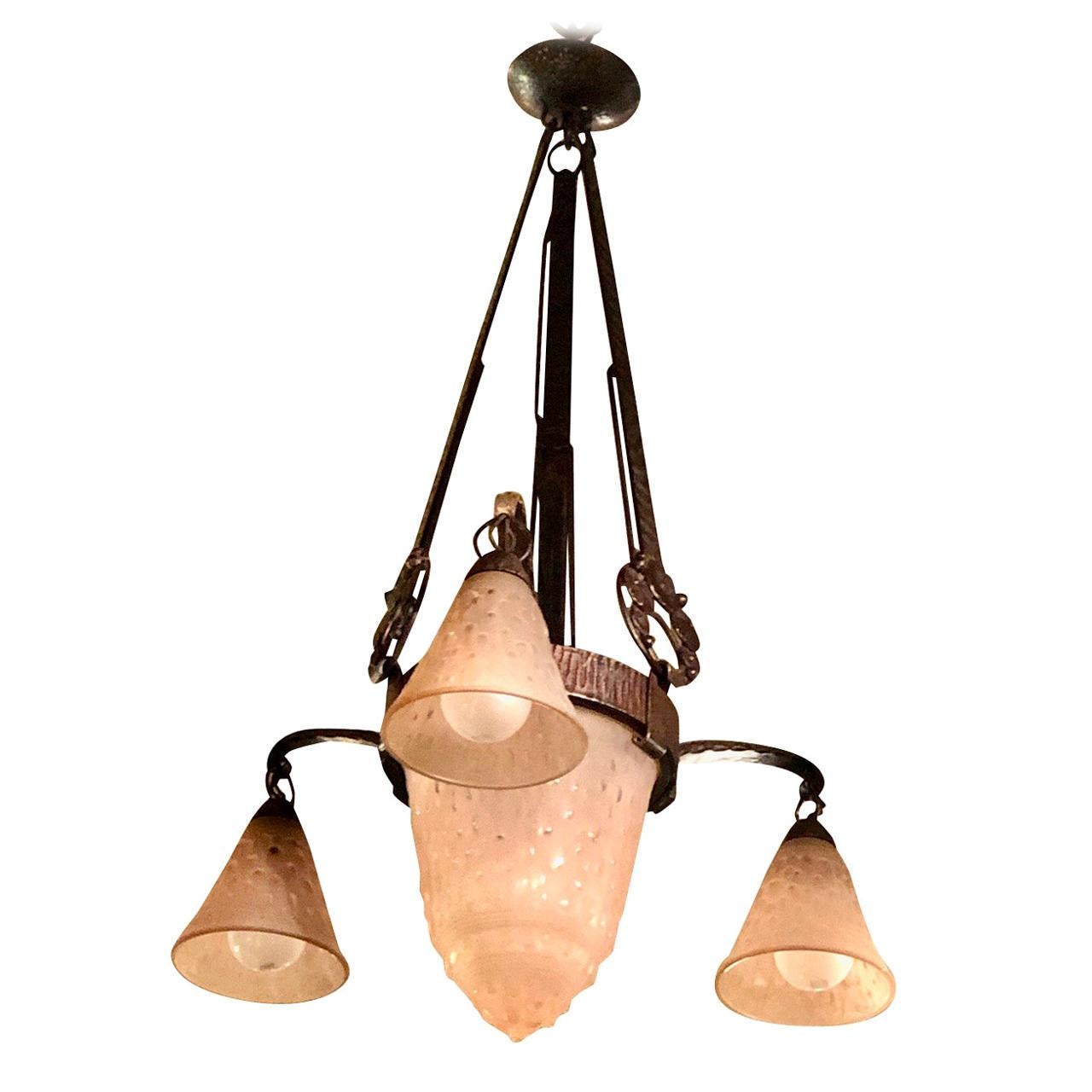 Firmato Müller Frères Luneville 1930 Art Deco Vetro Ferro Chandlier