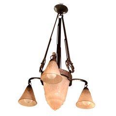 Signed Müller Frères Luneville 1930s Art Deco Glass Iron Chandlier