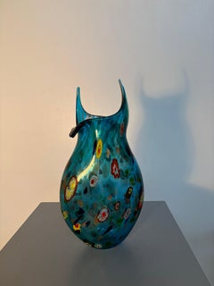Signed Murano Blue Art Glass Vase with Multicolored Murrines