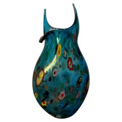 Signed Murano Blue Art Glass Vase with Multicolored Murrines
