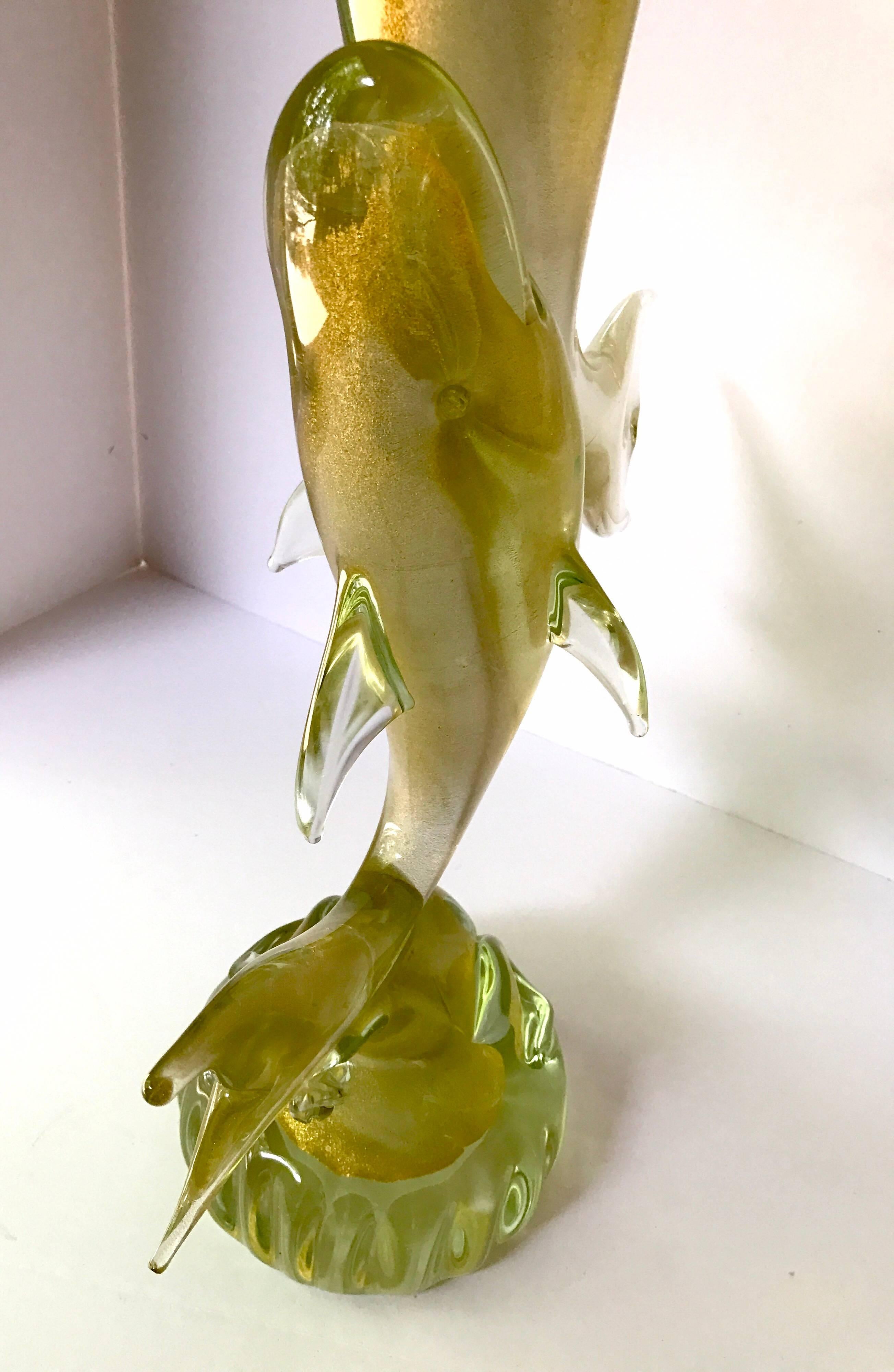 Mid-Century Modern Signed Murano Italy Sculpture of Two Fish Sharks Dolphins 