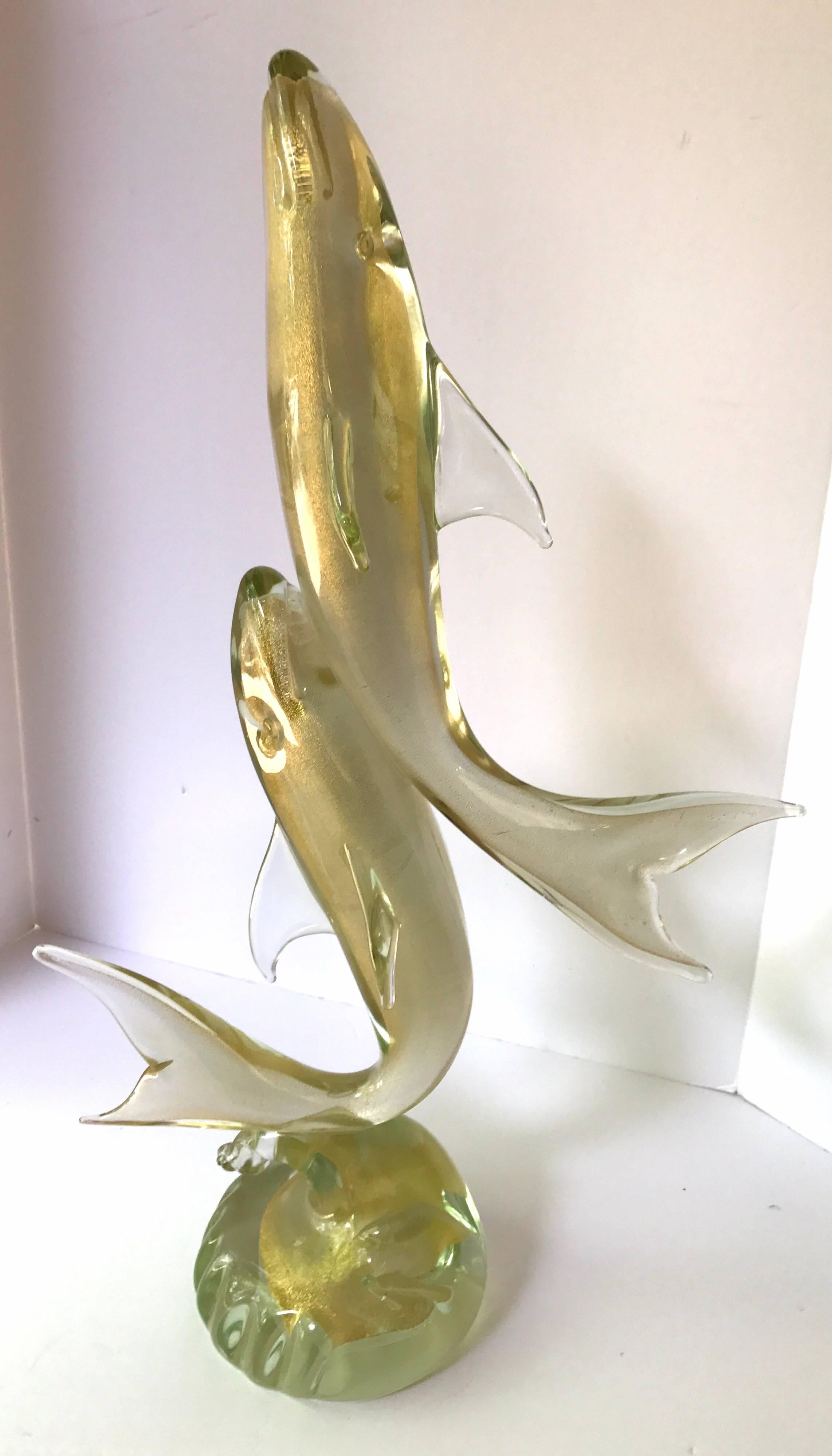 Italian Signed Murano Italy Sculpture of Two Fish Sharks Dolphins 