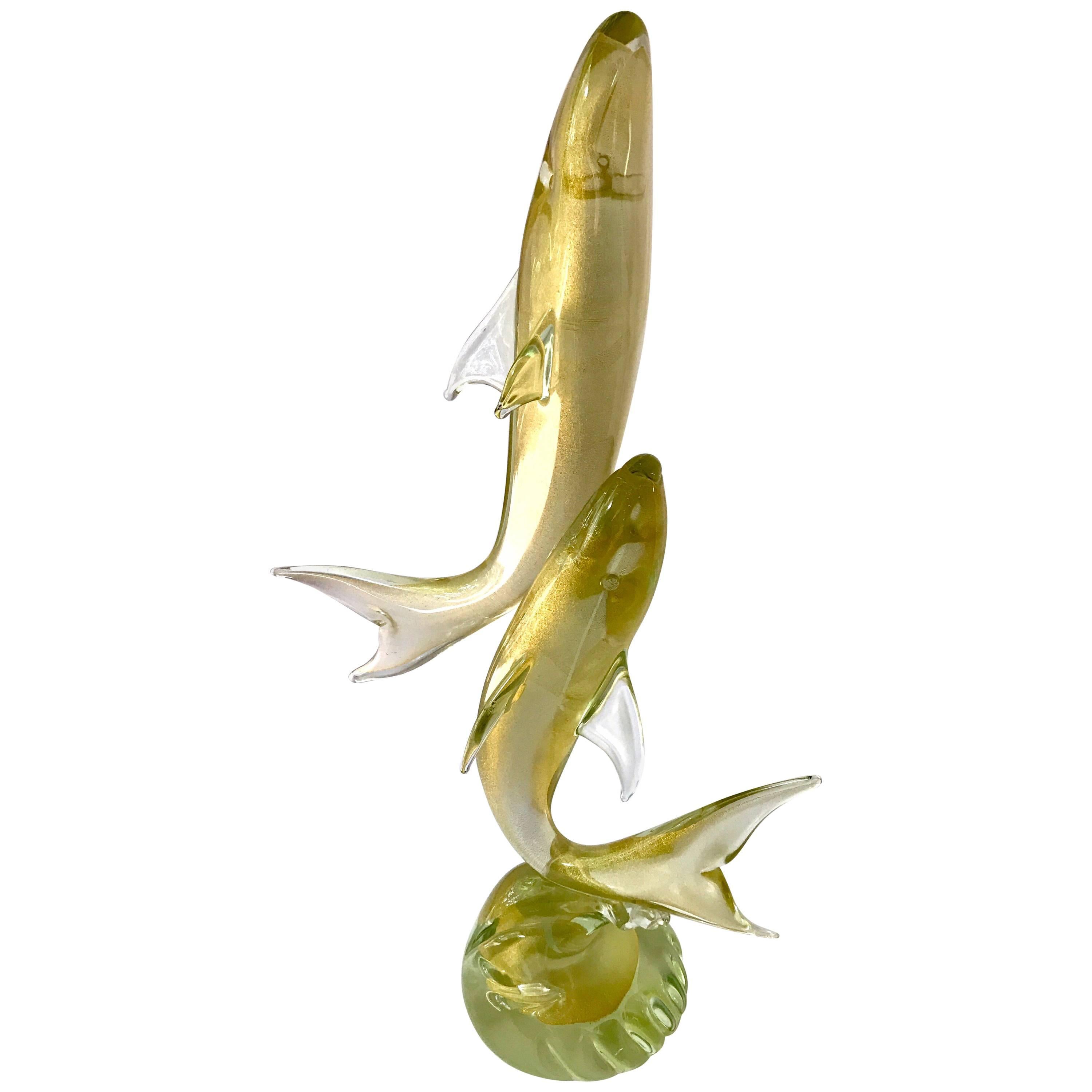 Signed Murano Italy Sculpture of Two Fish Sharks Dolphins 