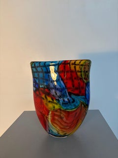 Signed Murano Multicolored Abstract Art Glass Vase with Swirl Design