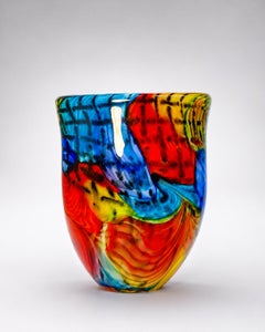 Jarrón de cristal de Murano firmado, de arte abstracto multicolor con decoración en espiral