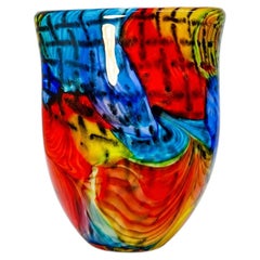 Jarrón de cristal de Murano firmado, de arte abstracto multicolor con decoración en espiral