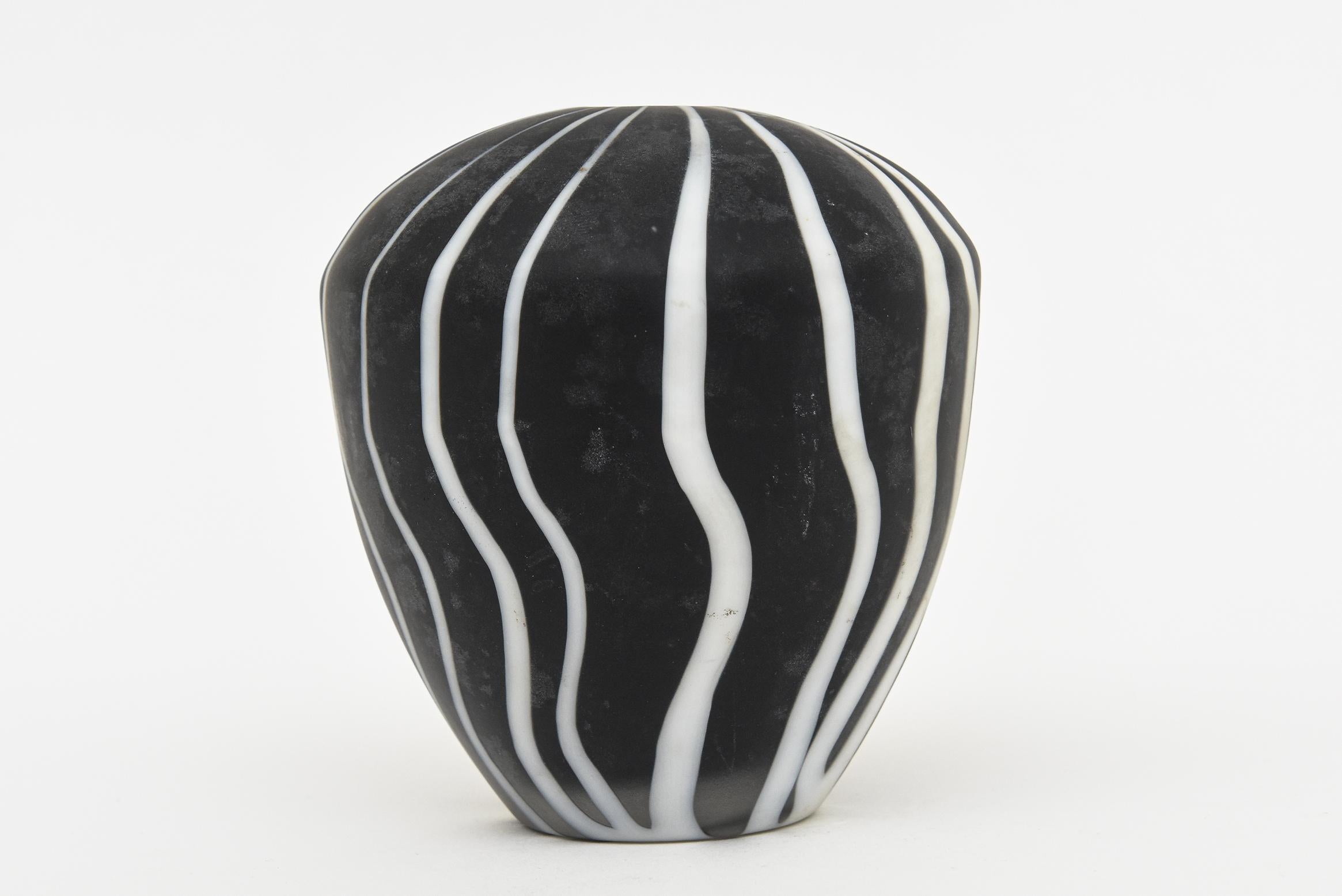 Blown Glass Signed Murano Salviati Optical Black and White Matt Glass Object Sculpture  For Sale