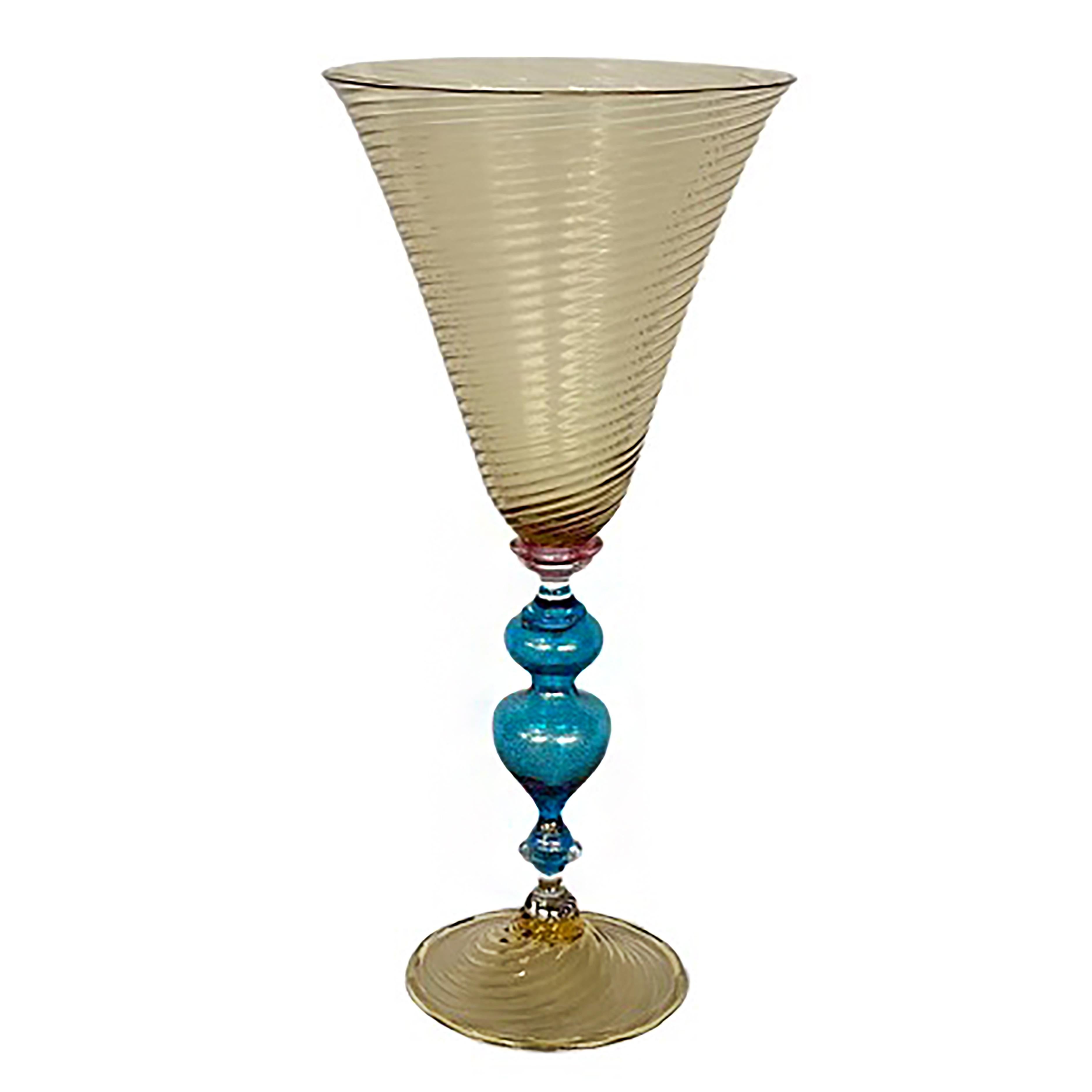 Beige Signed MURANO Venetian Italian Vintage Hand Blown Glass Goblet - allegro