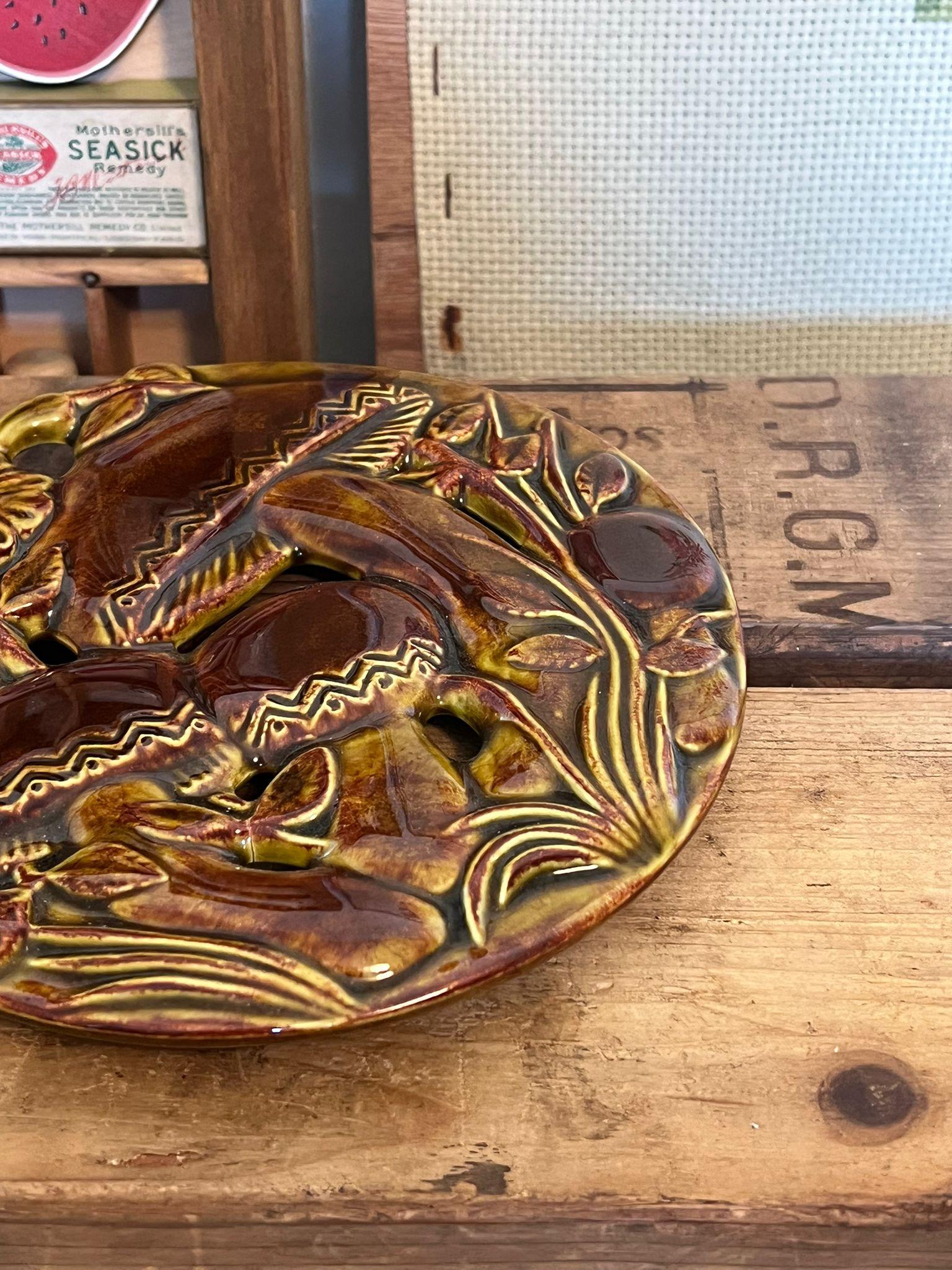 Mid-Century Modern Signed Mushroom Hanging Tile Rockingham Glaze For Sale