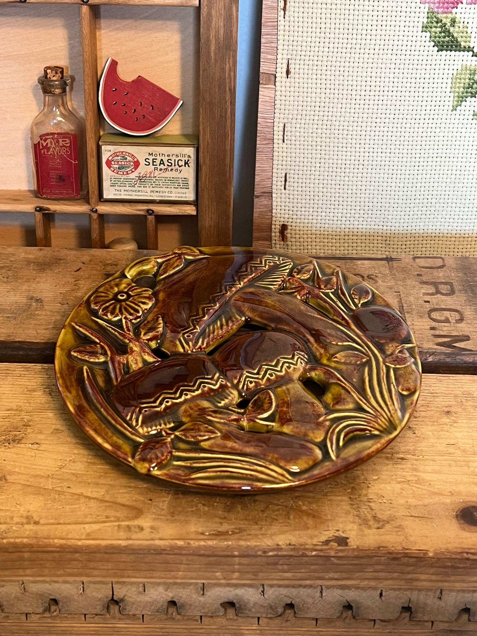 Signed Mushroom Hanging Tile Rockingham Glaze In Good Condition For Sale In Seattle, WA