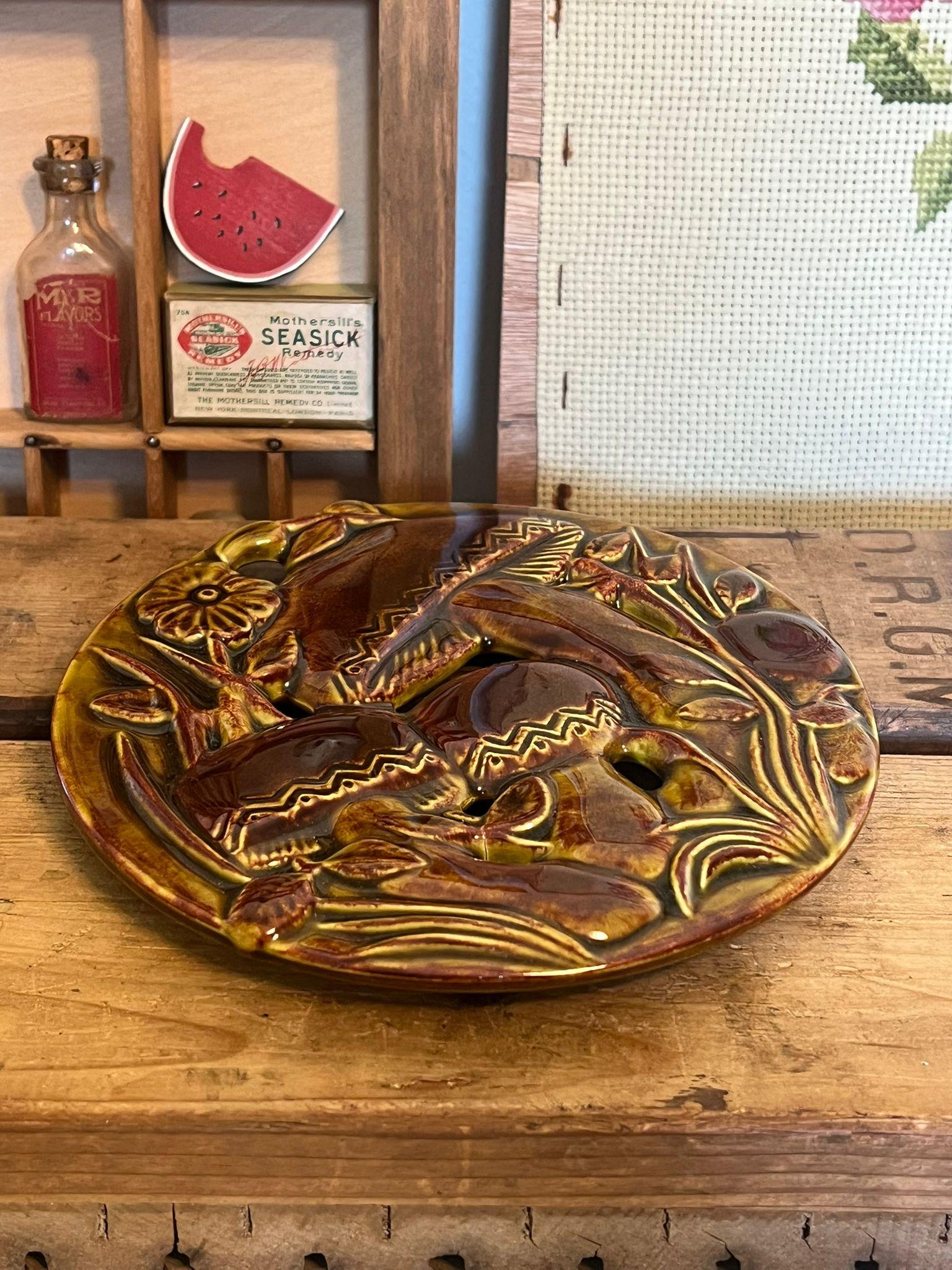 Signed Mushroom Hanging Tile Rockingham Glaze For Sale 2