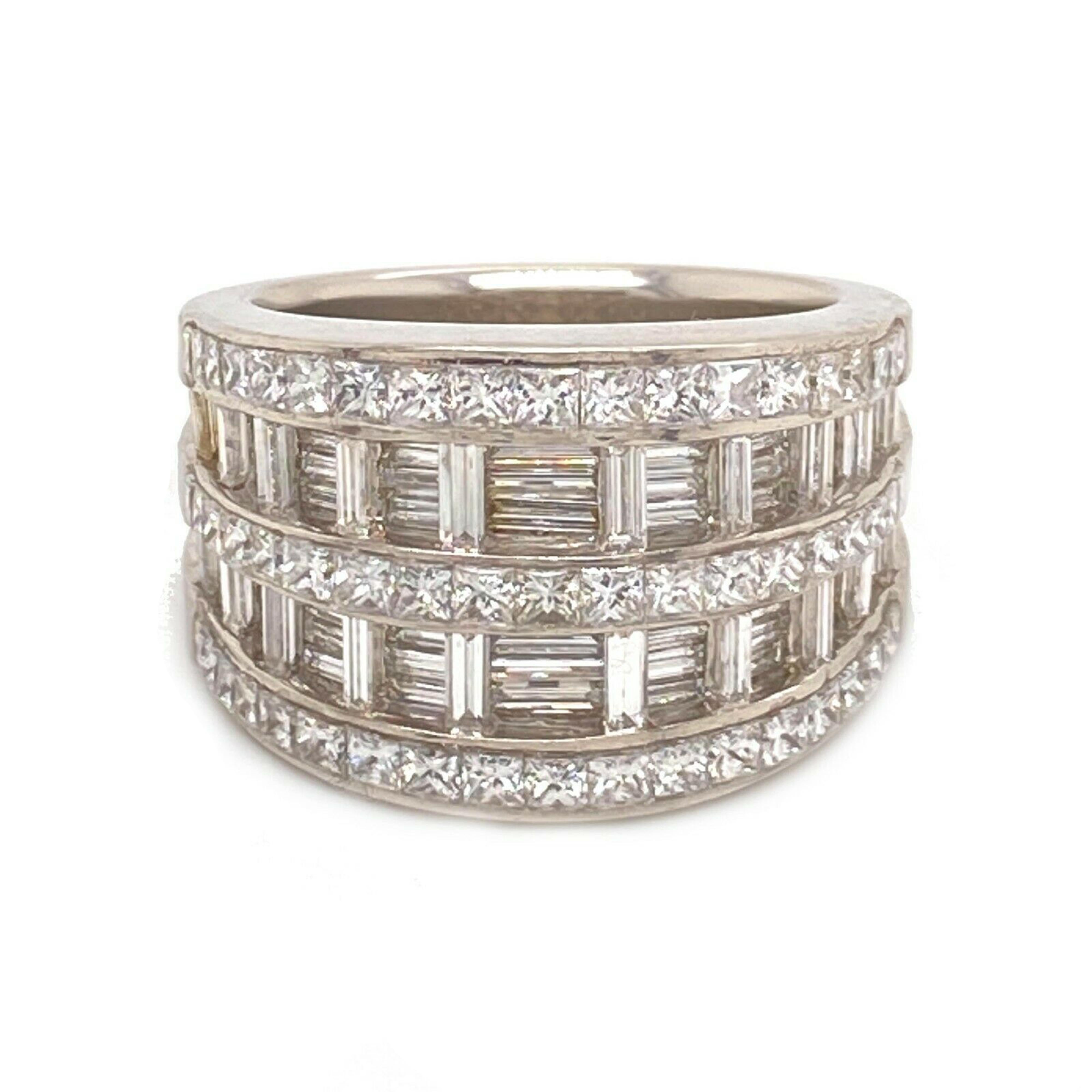 Women's or Men's Signed MWI Baguette and Round Diamond Layered Cocktail Ring in Platinum For Sale