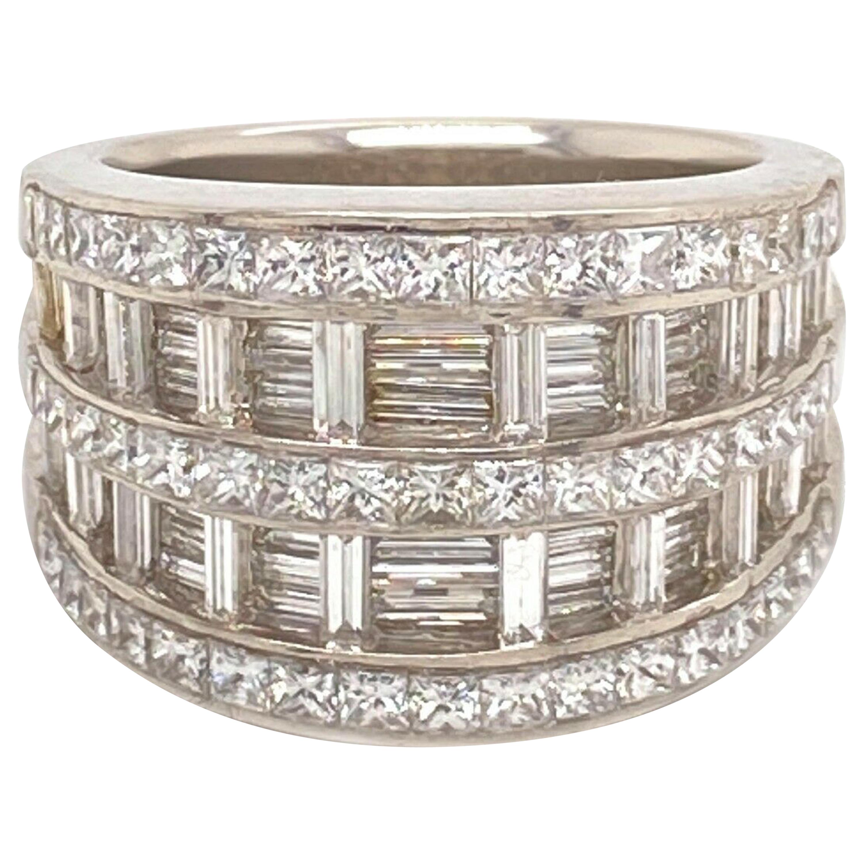 Signed MWI Baguette and Round Diamond Layered Cocktail Ring in Platinum For Sale