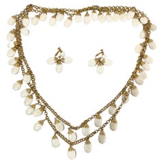 Vintage Signed Napier Multi Drop Long Loop White Glass Necklace & Earrings Set