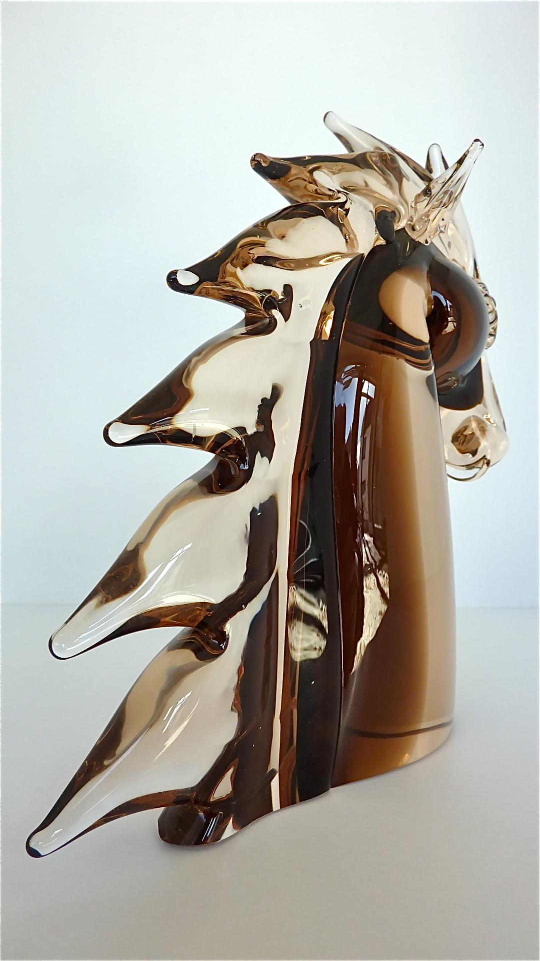 Late 20th Century Signed Nason & Moretti Horse Head Sculpture Brown Clear Murano Art Glass Italy