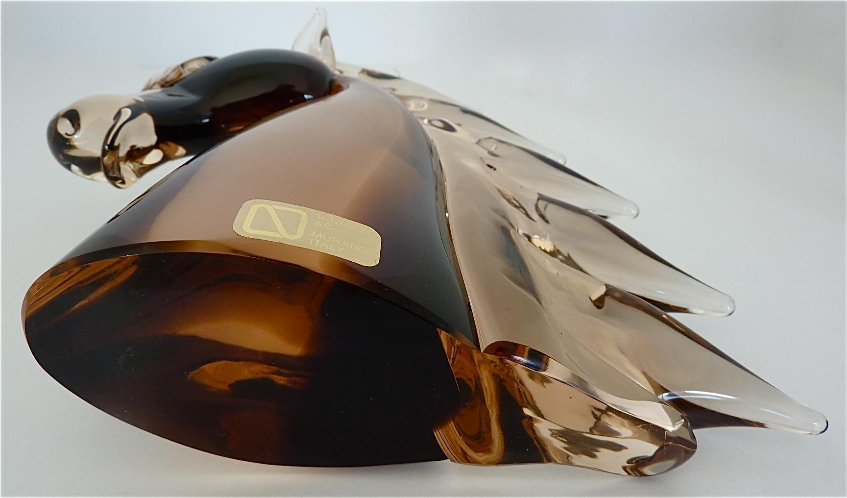 Signed Nason & Moretti Horse Head Sculpture Brown Clear Murano Art Glass Italy 3