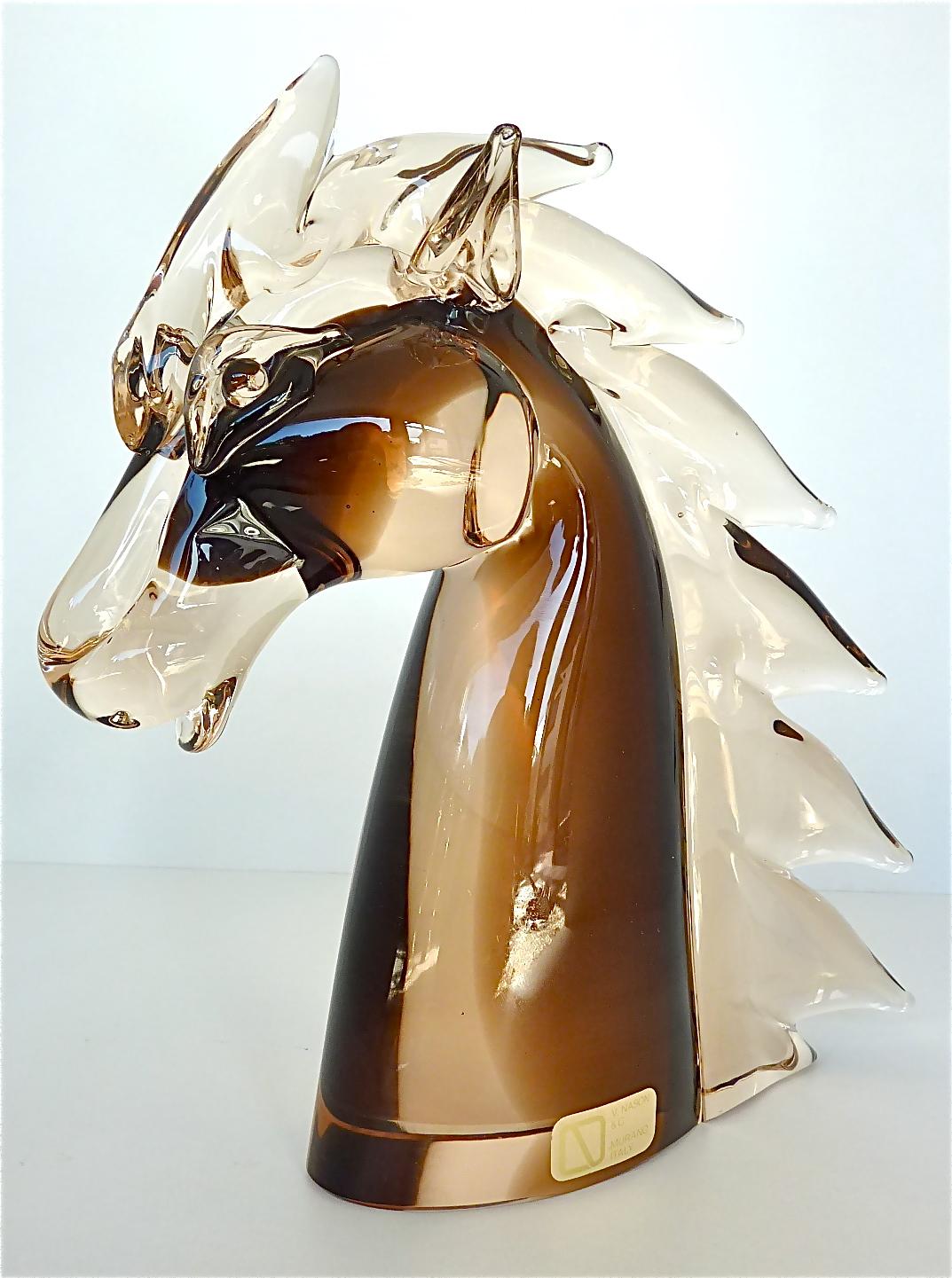 Signed Nason & Moretti Horse Head Sculpture Brown Clear Murano Art Glass Italy 4