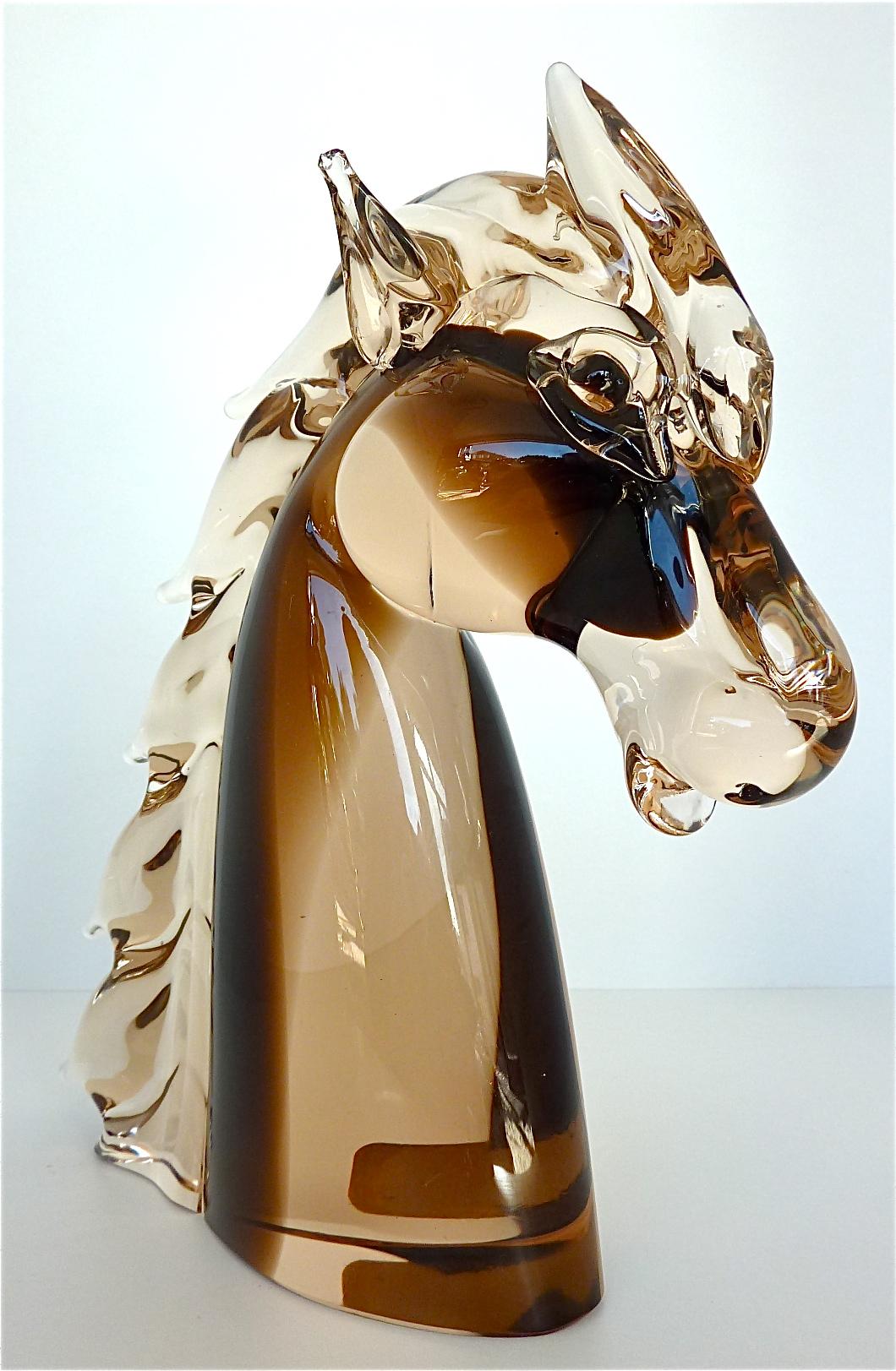 Hand-Crafted Signed Nason & Moretti Horse Head Sculpture Brown Clear Murano Art Glass Italy