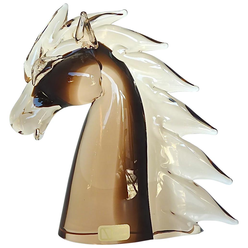Signed Nason & Moretti Horse Head Sculpture Brown Clear Murano Art Glass Italy