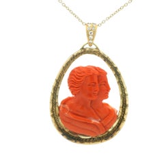 Signed Natan Italian 18K Gold Sardinian Coral Dual Figure Cameo Pendant/Diamonds