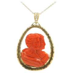 Signed Natan Italian 18K Gold Sardinian Coral Dual Figure Cameo Pendant/Diamonds
