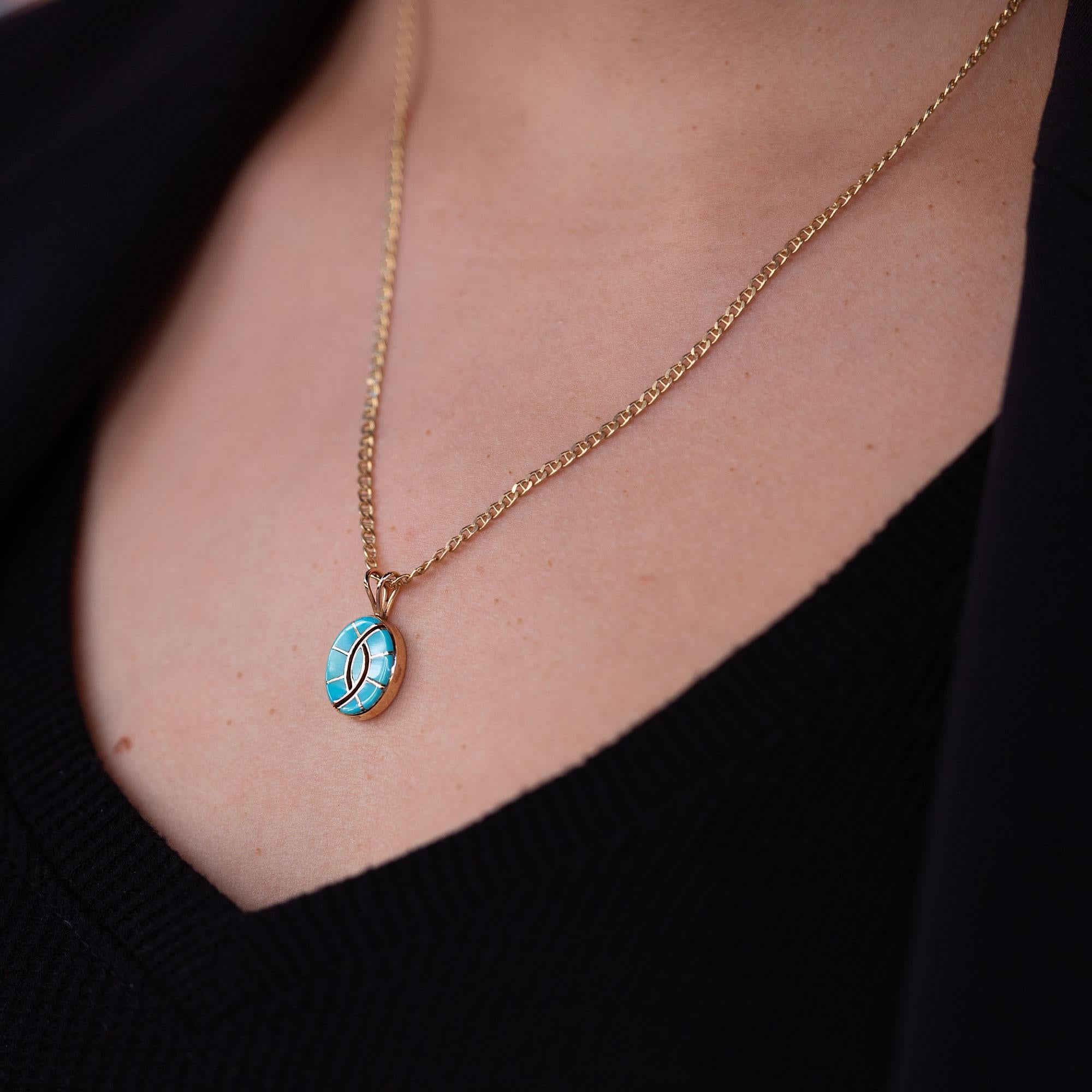 Cabochon Signed Native American Inlay Kingman Turquoise 14k Gold Pendant Necklace